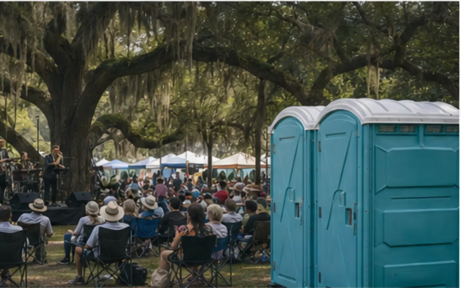 Portable toilets and handwashing stations arranged for a Washington event